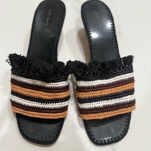 Tory Burch Black and Tan Striped Sandals